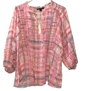 Zac & Rachel Womens Pink Plaid Sheer Peasant Blouse XL